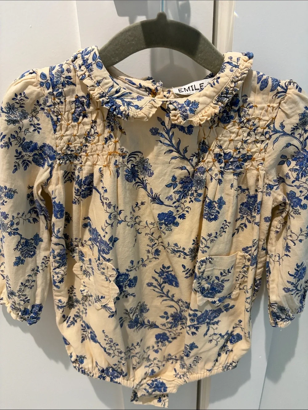 Emile et Ida Cream and Blue Floral Smocked Baby One-Piece